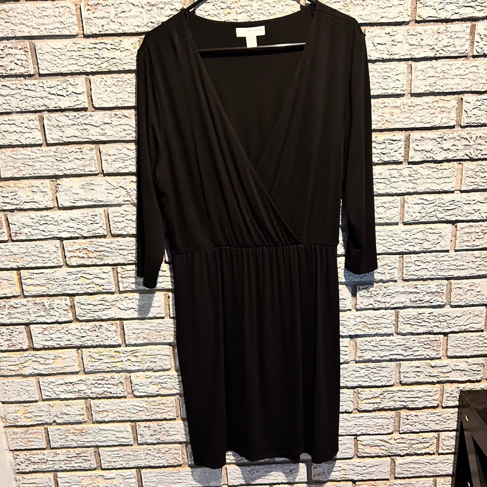 Kenar Womens Black Faux Wrap Dress 3/4 Sleeve V-Neck Jersey Knit XL
